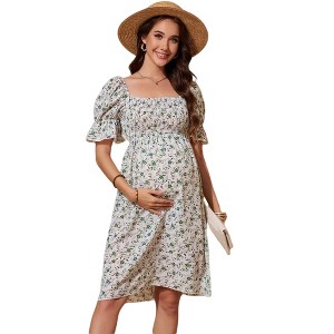 Women's Maternity Dress Square Neck Smocked Waist Puff Sleeve Floral Print Casual Midi Dress - 1 of 4