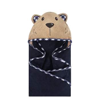 Hudson Baby Infant Boy Cotton Animal Face Hooded Towel, Plaid Bear, One Size