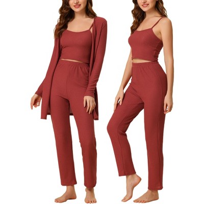 cheibear Womens Knit Lounge Sleepwear Pants Shrug Cardigan 3ps Pajama Set  Red XS