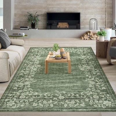 Washable Modern Floral Bordered Rug, Low-Pile Non-Slip Indoor Carpet, Stain-Resistant Floor Cover for Living Room, Bedroom, Dining, Office