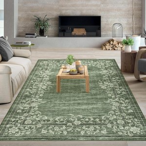 Washable Modern Floral Bordered Rug, Low-Pile Non-Slip Indoor Carpet, Stain-Resistant Floor Cover for Living Room, Bedroom, Dining, Office - 1 of 4