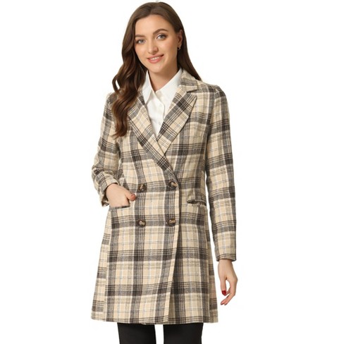 Allegra K Women's Double Breasted Notched Lapel Plaid Overcoat With ...