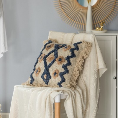 Handwoven Blue and Beige Cotton Silk Euro Throw Pillow