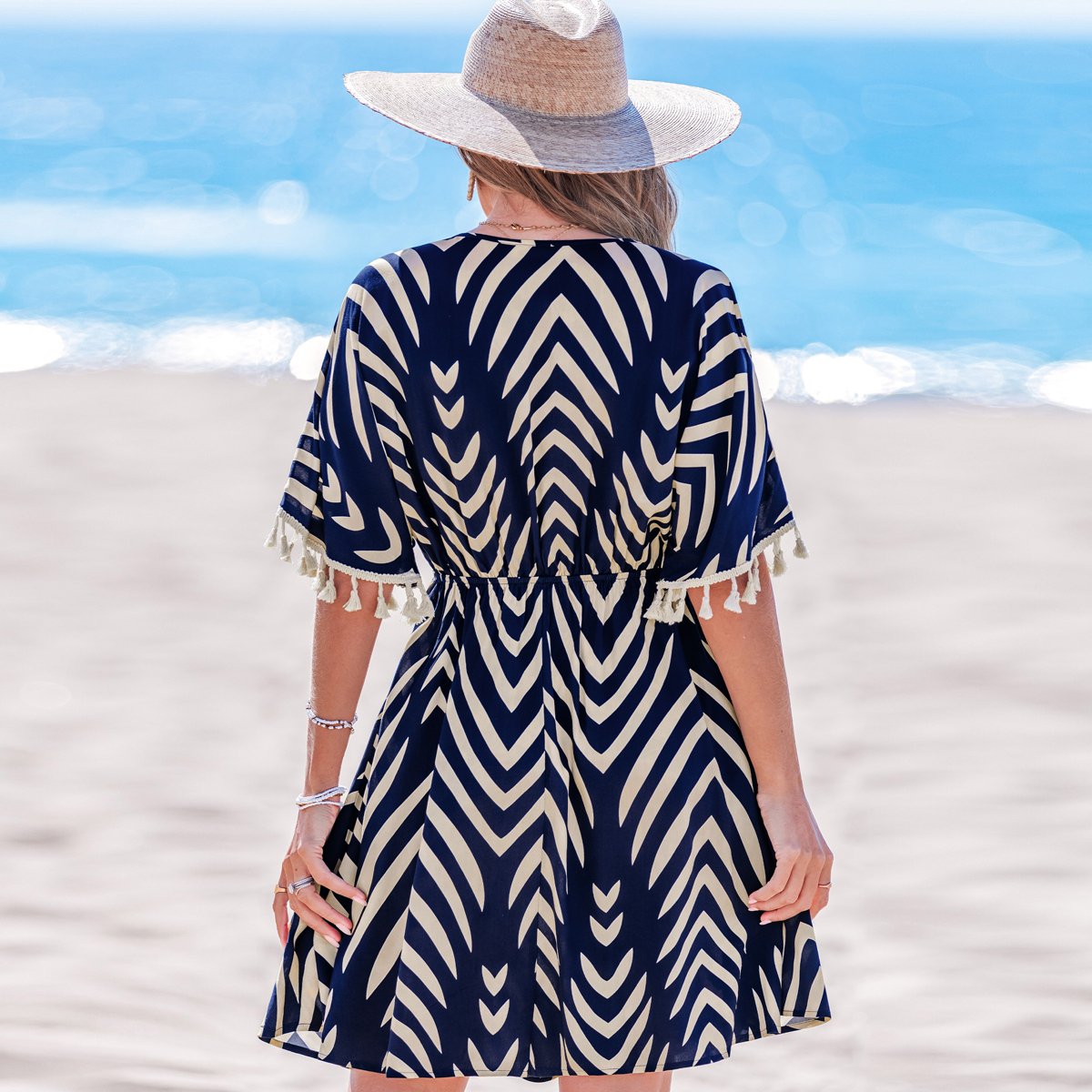 Женские платья Cupshe Women's Boho Chic Chevron Tassel Beach Dress-M-Blue — фото 3