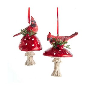 Kurt Adler Resin Ornaments for Christmas Tree, Cardinals on Mushrooms, Assorted (Set of 2) - 1 of 3