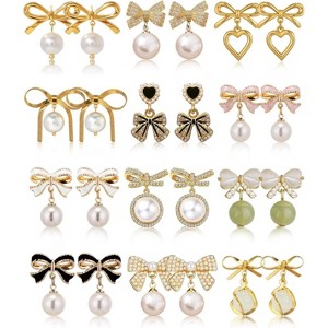 12 Pairs of Women's Bow Earrings Pearl Rhinestone Drop Dangle Earrings Dainty Trendy Earrings Wedding Party Jewelry Gifts - 1 of 4