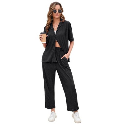 Womens Two Piece Plisse Set Button Down Co-ords Sets Summer Textured Top and Pants Casual Lounge Set