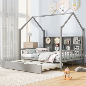 Wooden Platform House Bed with Trundle and Shelf-ModernLuxe - 1 of 4
