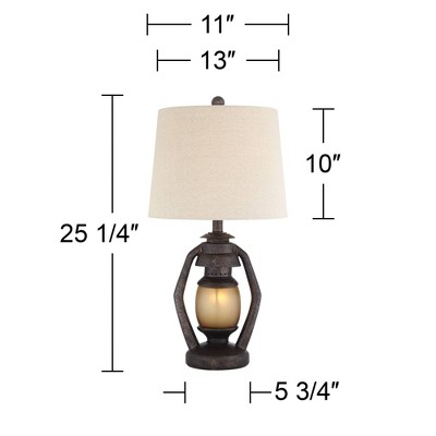 Rustic Bronze Lantern Table Lamps Set with Beige Fabric Shades