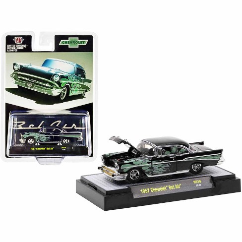 1957 Chevrolet Bel Air Black Metallic with Green Flames Limited Edition to  8250 pieces 1/64 Diecast Model Car by M2 Machines