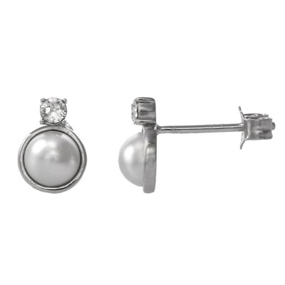 FAO Schwarz Sterling Silver Stud Earrings with Pearl and Crystal Stone