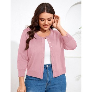 YESFASHION Women Plus Size Cardigan Round Neck Button Down 3/4 Sleeve Top Solid Casual Cardigan - 1 of 4