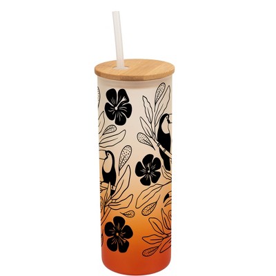 Elanze Designs Tropical Tucan Bird Flower Garden Wrap-Around Design 25 Ounce Frosted Gradient Glass On-The-Go Coffee Travel Skinny Tumbler Mug Cup,