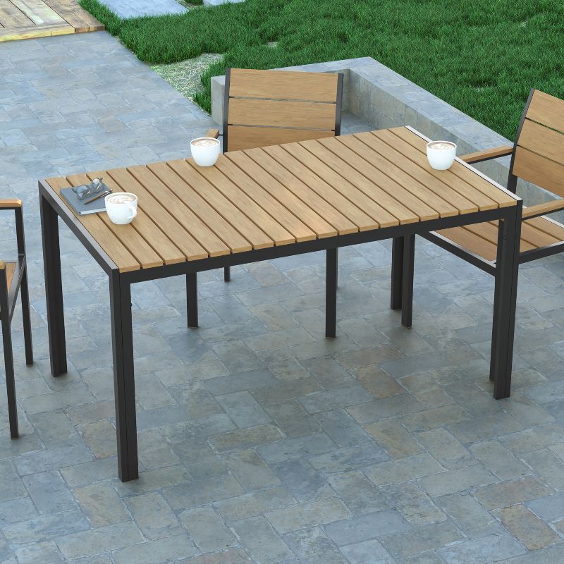 Emma and Oliver 55" x 31" Outdoor Dining Table with Faux Teak Poly Slat Top and Metal Frame, 4 of 12