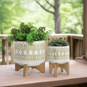 Set of 2 Ceramic Planters with Stands - Modern Geometric Design, Bamboo Wood Base, Decorative Indoor/Outdoor Flower Pots for Home & Garden - 1 of 4