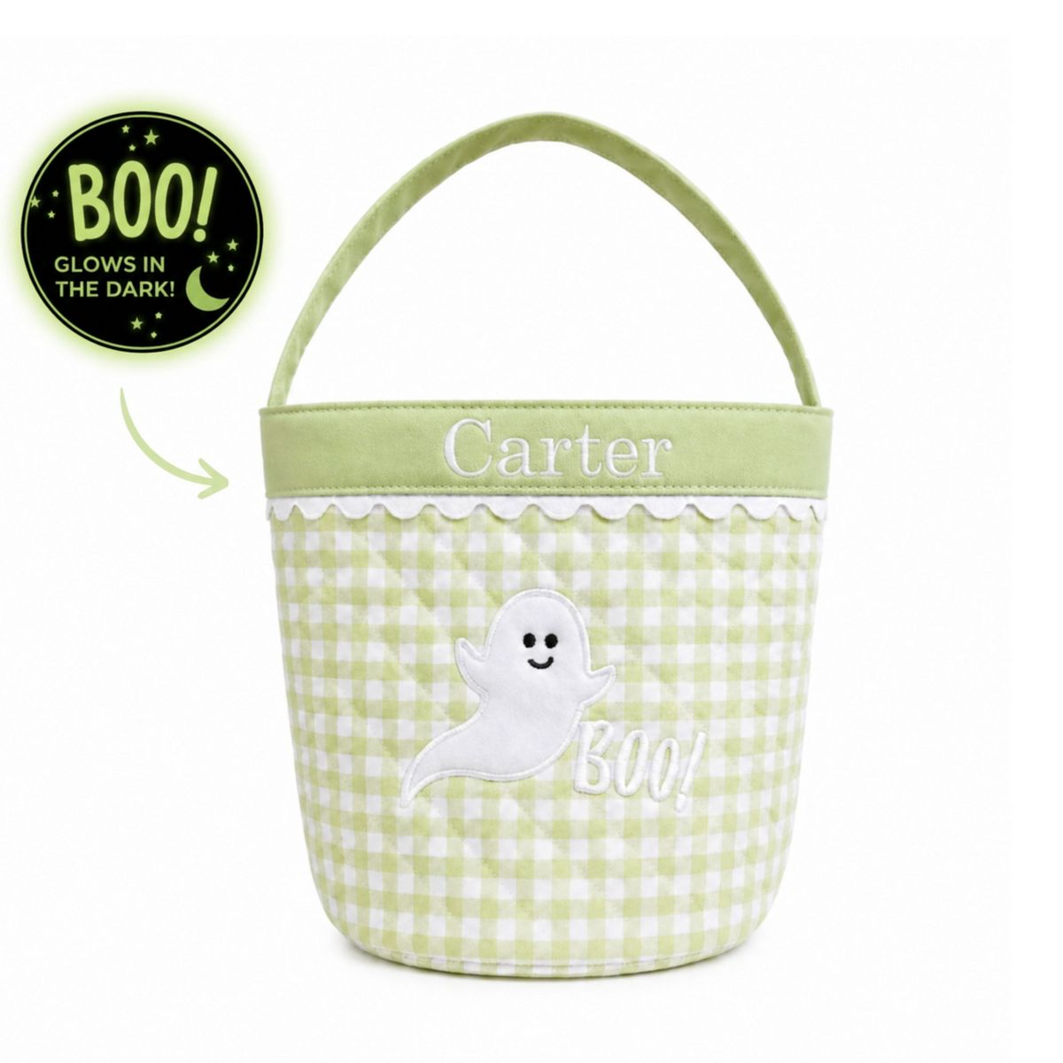Bits & Bows Glow-in-the-Dark Ghost Trick-or-Treat Halloween Tote, Green/White 10"W x 8"H - thumbnail 5
