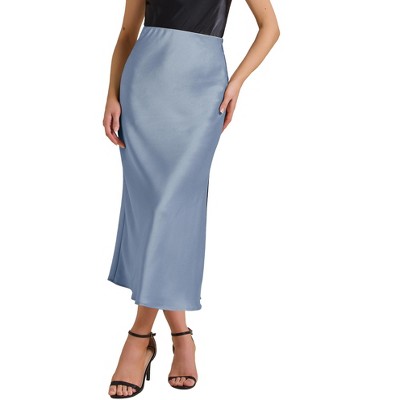 INSPIRE CHIC Women Satin Maxi Elastic High Waist Side Slit Flowy Long for Party Wedding Skirt
