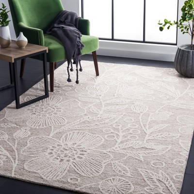 Handcrafted Natural Ivory Floral Wool Area Rug, 8' x 10'