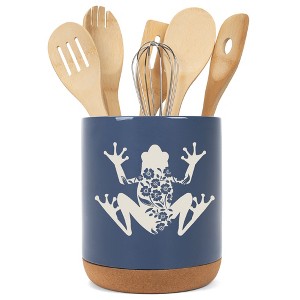 Elanze Designs Floral Frog Flowers Arrangement Toad Ceramic Cork Bottom Navy Blue Large Capacity Utensil Holder Crock for Countertop Storage, Stylish - 1 of 4