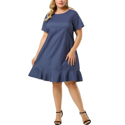 Agnes Orinda Women's Plus Size Cross Back Ruffle Hem Formal Chambray T-Shirt Dresses