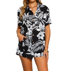 INSPIRE CHIC Women's Hawaiian Outfits Floral Button Down Shirt and Shorts Beachwear Sets 2 Pcs - 1 of 4