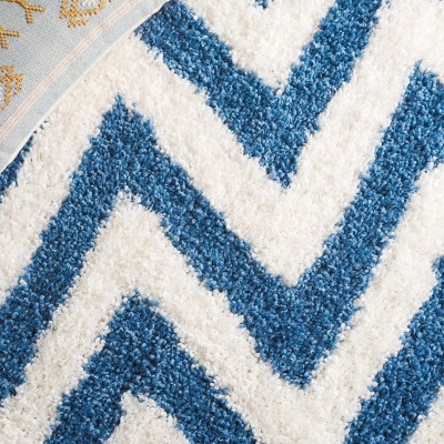 Ivory and Blue Hand-Tufted Cotton Shag Area Rug, 7' x 7'