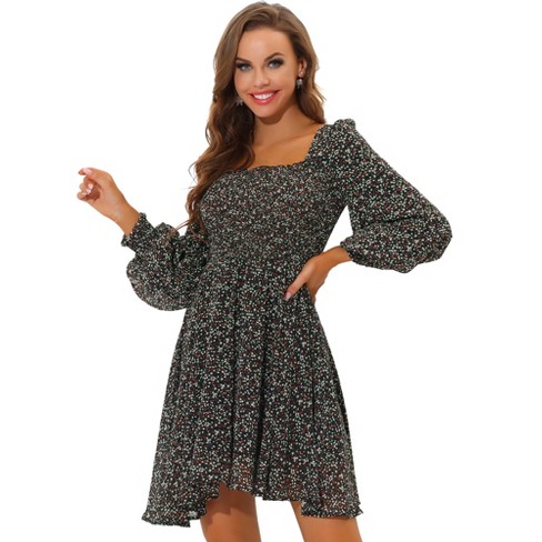 Allegra K Women's Floral Smocked Square Neck Lantern Long Sleeve Chiffon Dress  Black X-small : Target