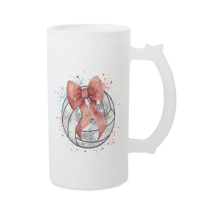 Elanze Designs Freezable Beer Stein Mug With Thumb Grip Handle, 16 Ounce Frosted Glass, Volleyball with Pink Bow