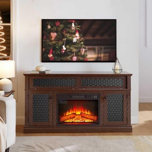 VYNXARIA Embossed Pattern TV Stand with 23" fireplace insert,, TV and Media Console with Open and Closed Storage Space and sliding door, Dark Cherry - 1 of 4