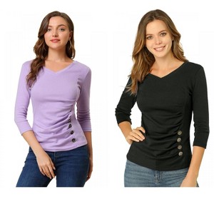 INSPIRE CHIC Women's V Neck 3/4 Sleeves Solid Knitted Buttons Decor Ruched Blouse 2 Packs - 1 of 4