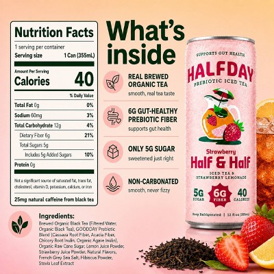 Halfday Prebiotic Iced Tea Strawberry Lemonade Half and Half - 12 fl oz Can