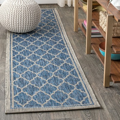 Navy and Gray Synthetic Moroccan Trellis Runner Rug, 2' x 10'