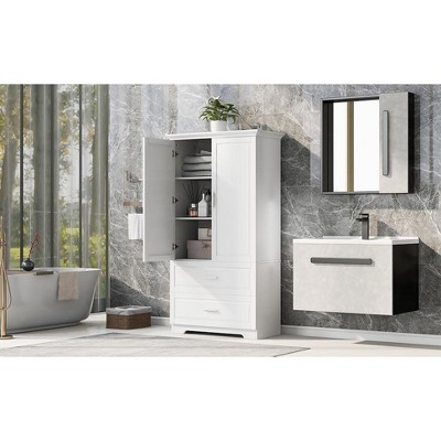 TIRAMISUBEST Tall Bathroom Storage Cabinet, Cabinet with Two Doors and Drawers, Adjustable Shelf, MDF Board, White