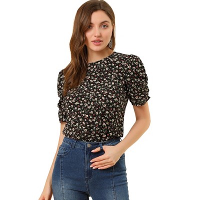 INSPIRE CHIC Women's Floral Summer Crew Neck Casual Shirred Short Sleeve Blouse