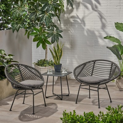 Gray Set of 2 Outdoor Woven Rattan Patio Chairs with Cushions,Modern Basket Lounge Chairs with Steel Frame for Balcony or Garden–Maison Boucle
