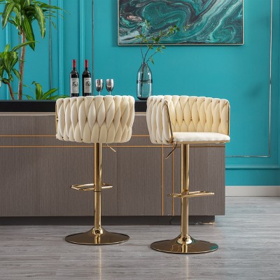 NicBex Bar Stools Set of 2,Adjustable Height Swivel Counter Stools with Chrome Footrest,Kitchen Island Stools with Gold Metal Base for Home,Bar