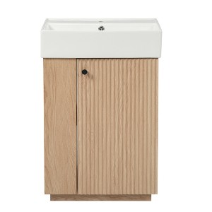 Vynxaria 21.6-Inch Wood Bathroom Vanity - Ceramic Sink, Soft-Close Door, Open/Closed Storage, Tissue Holder, MDF Wood Grain - For Small Bathrooms - 1 of 4