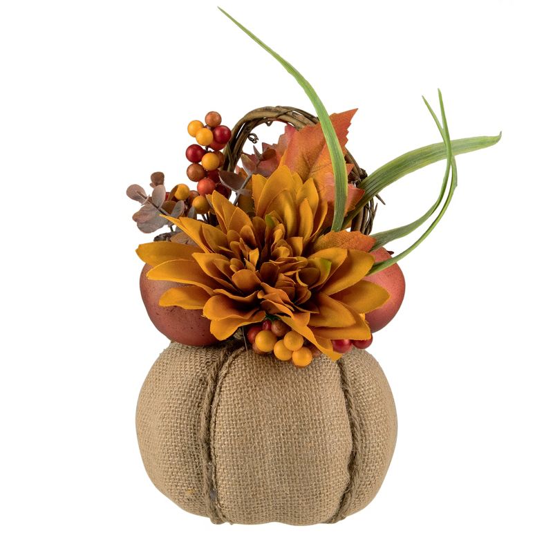Northlight 9" Mixed Autumn Harvest Flora in a Pumpkin Basket Decoration, 2 of 7