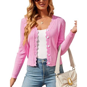 Womens Lightweight Knit Cardigan V Neck Long Sleeve Front Button Down Elegant Shrugs for Dresses,Pink - M - 1 of 4