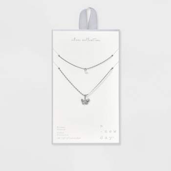 Silver Plated Brass Radial Butterfly/Cubic Zirconia Dangle Faux Layered Necklace - A New Day™ Silver