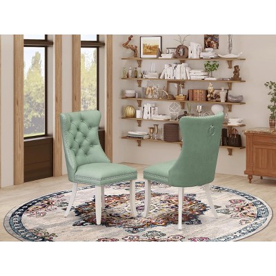 East West Furniture DAP2F12 Dallas Parson Dining Chairs - Button Tufted Nailhead Trim Dark Gray faux Leather Upholstered Chairs, Set of 2, linen white