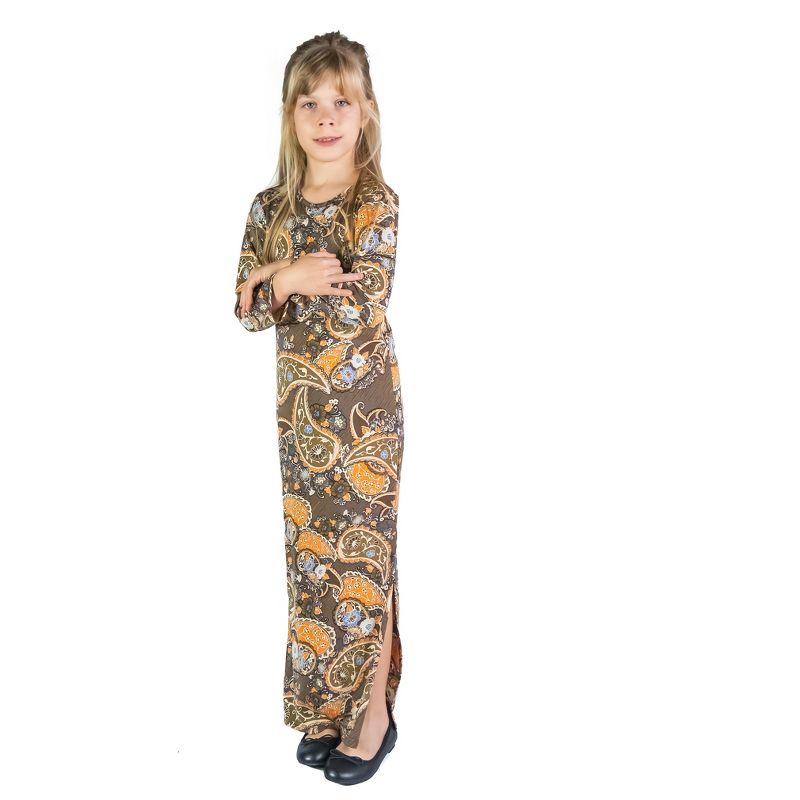 24seven Comfort Apparel Brown Fall Print Girls Long Sleeve Side Slit Maxi Dress, 2 of 5