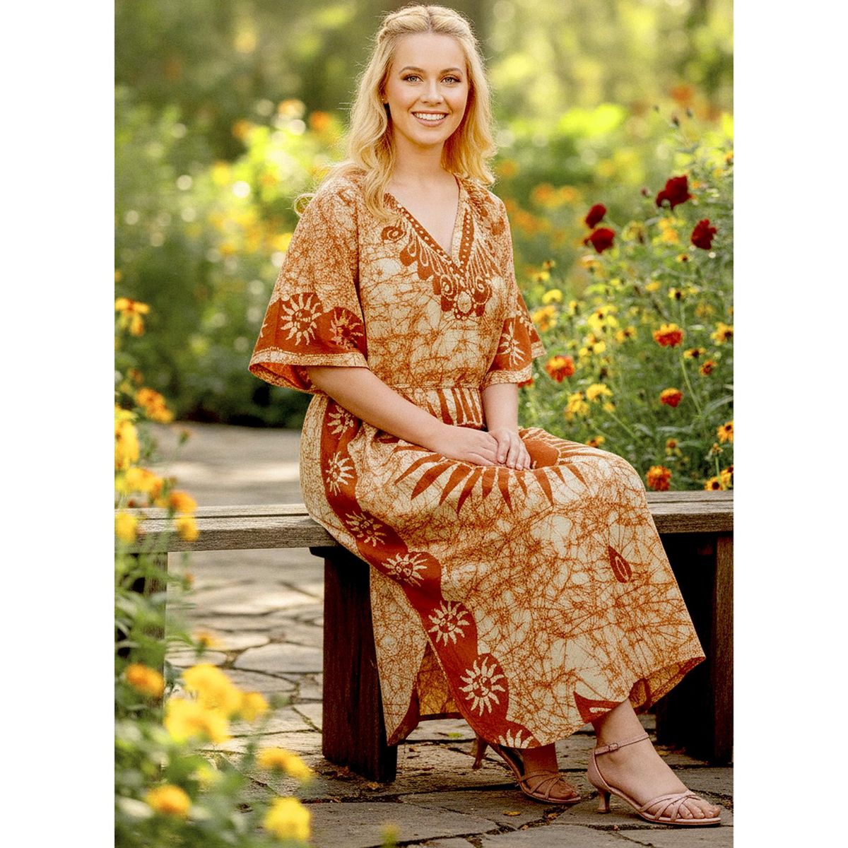 LA LEELA Summer Cotton Relaxed Fit Caftan Dress for Women Resortwear Cruise Vacation Holiday Pregnancy Wear 2X-3X Orange Sun - thumbnail 5
