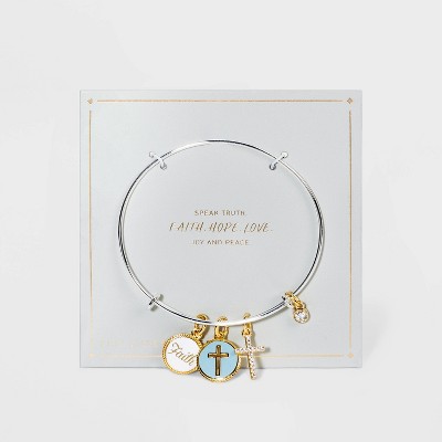 Silver Plated Two-Tone "Faith" Enamel Charm Bangle - Silver