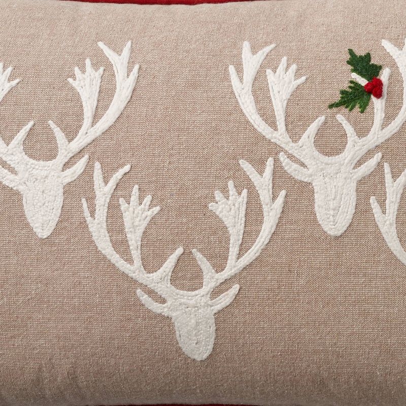12&#34;x20&#34; Oversize Holiday Embroidered Deer &#38; Holly Lumbar Throw Pillow Beige - Mina Victory, 4 of 7