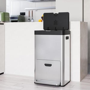 56L Stainless Steel Kitchen Trash Can - 3 Compartments Pedal Recycling Bin with Removable Buckets - Perfect for Home, School & Hospital Use - 1 of 4