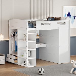 Twin/Full Size Loft Bed with Desk, Wardrobes, Drawers and 4 Shelves - ModernLuxe - 1 of 4