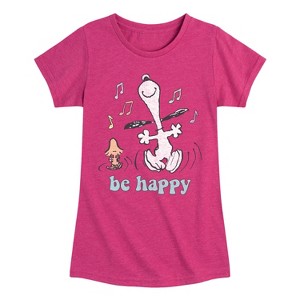 Girls' - Peanuts - Be Happy Snoopy And Woodstock Fitted Short Sleeve Graphic T-Shirt - 1 of 4