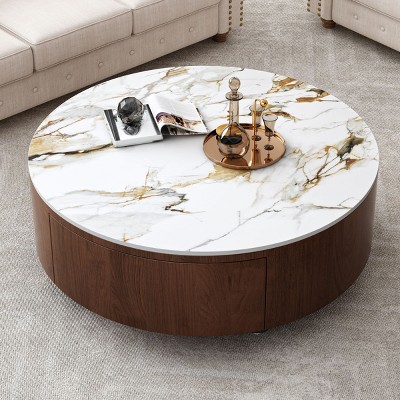 35.4" Walnut Round Coffee Table with Faux Marble Sintered Stone Top and Storage Drawers for Modern Living Room-The Pop Home