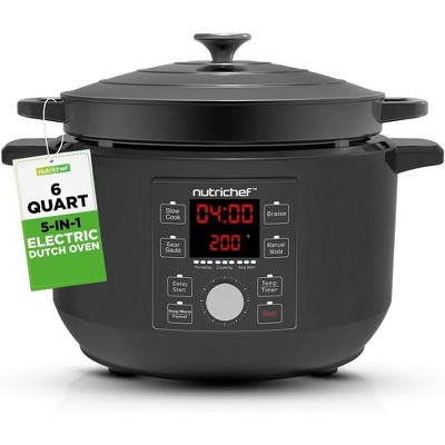 NutriChef 6 Qt Electric Dutch Oven, 5-in-1 Cast Iron Pot with Lid